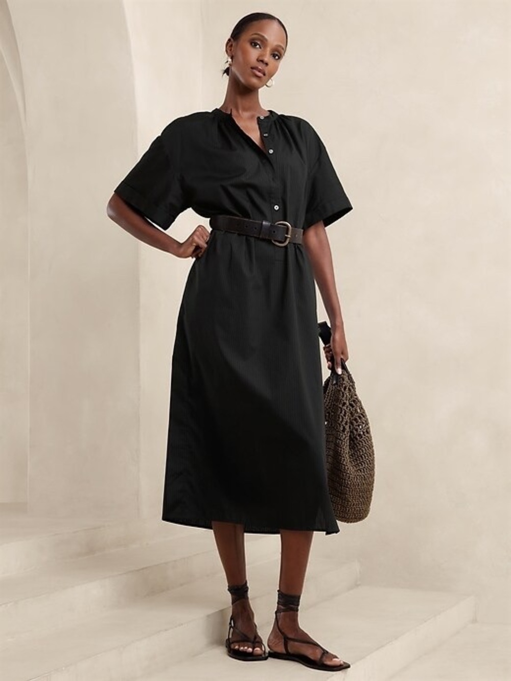 Banana Republic Poplin Kaftan Midi Shirt Dress Black Short Sleeves Medium